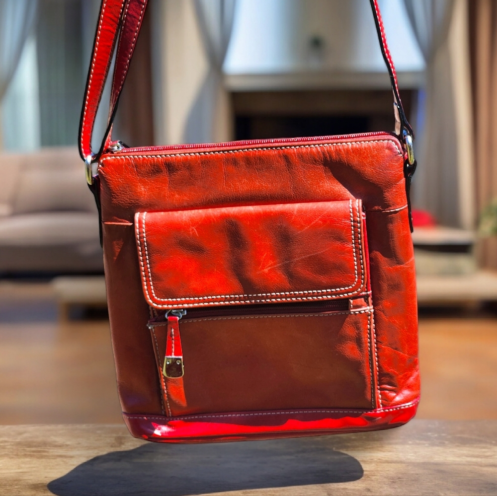 GIANI BERNINI VENICE CROSSBODY BAG ORGANIZER HANDBAG RED LEATHER EUC (B)